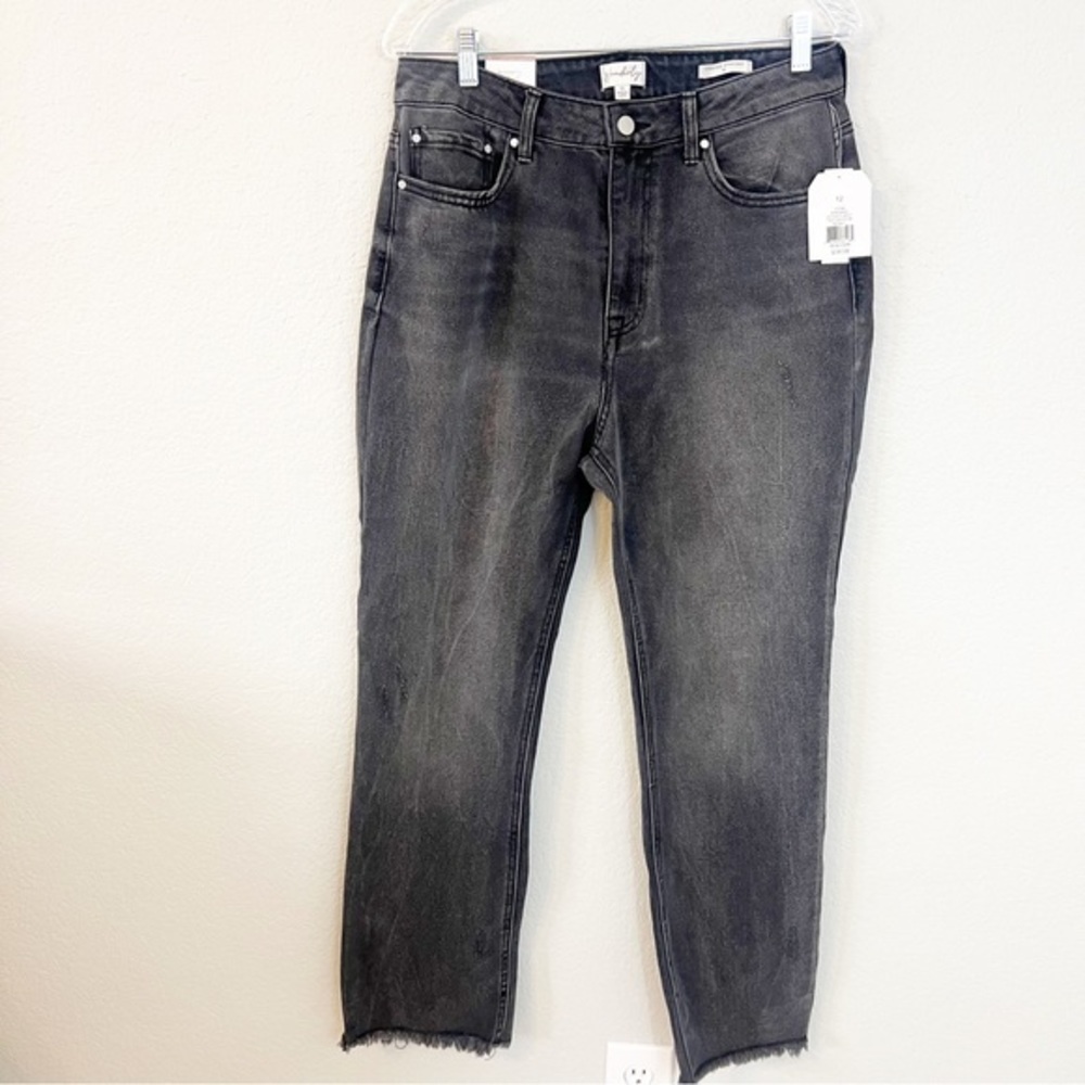 Wonderly Black Crop Straight Jeans Raw Hem 12 NWT